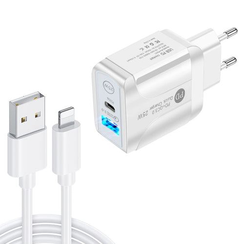 25W Dual Port USB-C Fast Charger with 8 Pin Cable