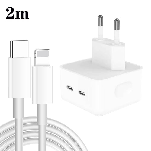 35W Dual USB-C Charger with 8 Pin Data Cable - EU Plug