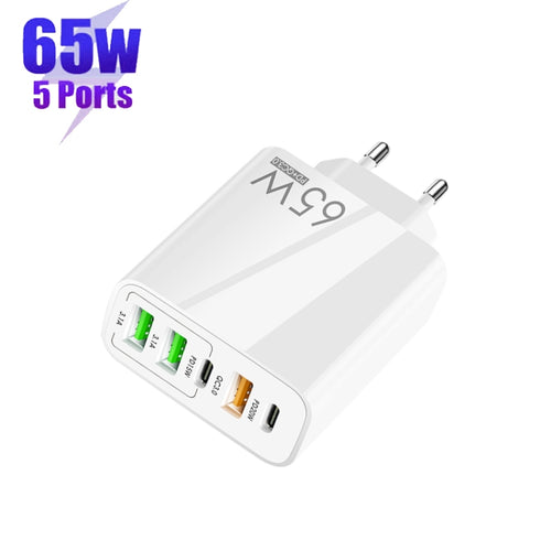 65W Multi Port Charger with Dual PD Type-C for Phone &