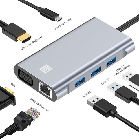 JUNSUNMAY Adattatore docking station 7 in 1 da tipo C a 4K HDMI / VGA / Ethernet Hub USB-C, JSM-HUB001