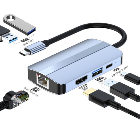 JUNSUNMAY Adattatore docking station HDMI / Ethernet 6 in 1 da tipo C a 4K Convertitore multiporta hub USB-C, JSM-HUB003