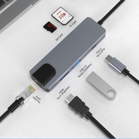 JUNSUNMAY Adattatore docking station HDMI / Ethernet 6 in 1 da tipo C a 4K Hub di ricarica rapida PD Lettore di schede SD/TF