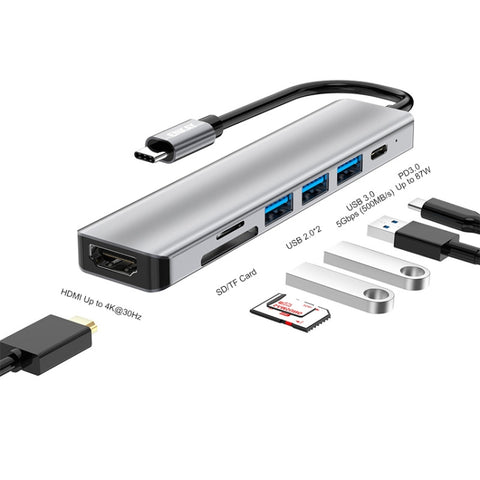 ENKAY Hat-Prince Adattatore docking station HDMI 7 in 1 da tipo C a 4K Hub di ricarica rapida PD Lettore di schede SD/TF, 7 in 1 Type-C to 4K HDMI