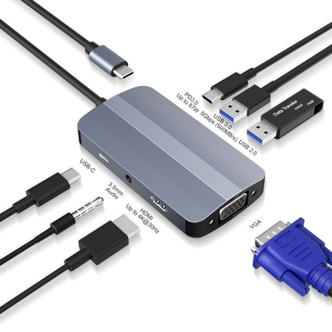 JUNSUNMAY 7 in 1 da tipo C a 4K HDMI + VGA + adattatore per docking station audio da 3,5 mm PD Hub di ricarica rapida, JSM-HUB016