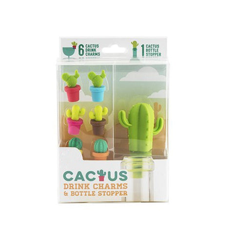 Tappo per bottiglia di vino in silicone Creative Cactus da 7 pezzi + set di pennarelli per bicchiere di vino, 7 in 1 Wine Bottle Stopper