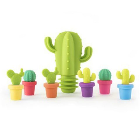 Robinet pour bouteilles de vin en silicone Creative Cactus pour 7 personnes + set de pennarelli pour bouteilles de vin, bouchon de bouteille de vin 7 en 1