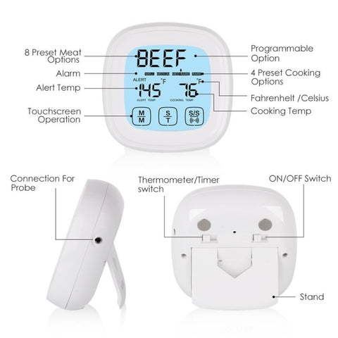 Termometro per griglia con timer da forno touchscreen digitale per cottura di carne da 2 pezzi