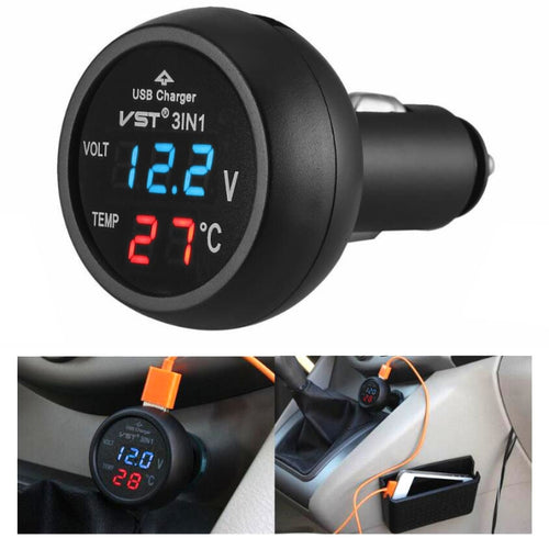 3-in-1 Car USB Charger with Voltage Display and Monitoring