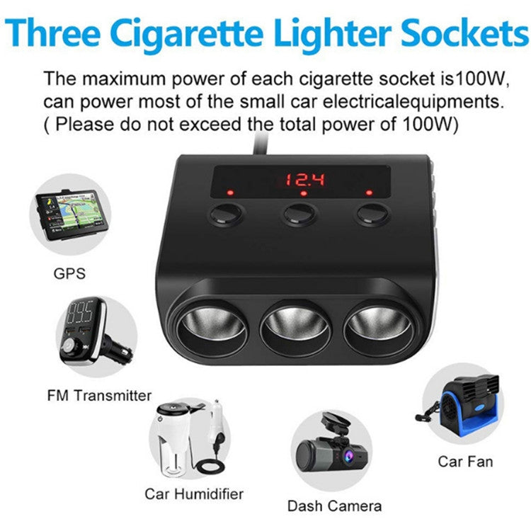 100W Car Cigarette Lighter with 4 USB Ports and Voltage