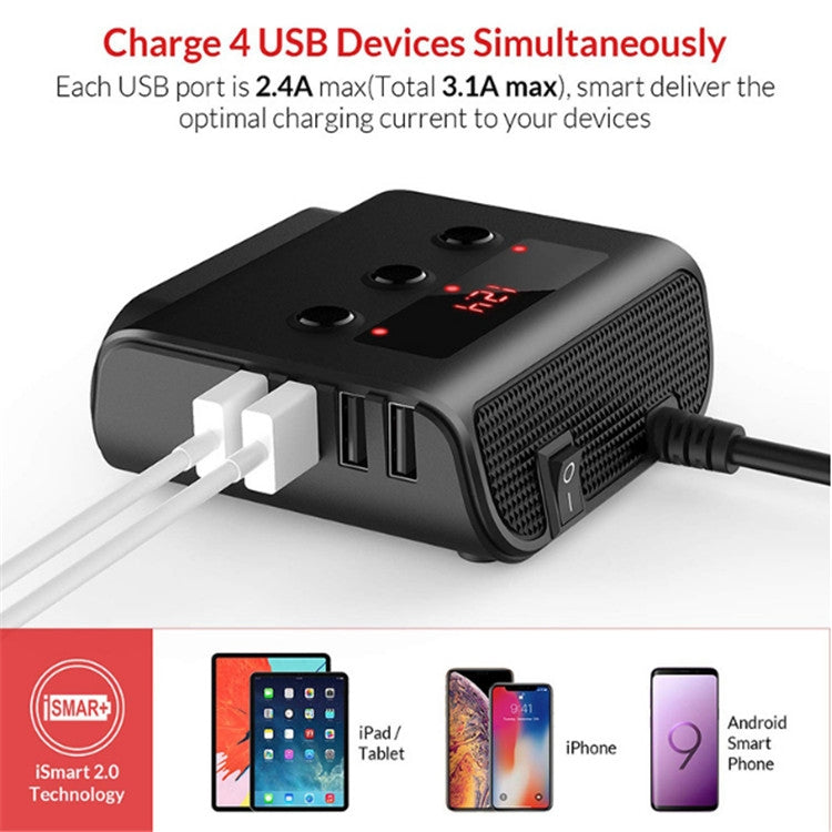 100W Car Cigarette Lighter with 4 USB Ports and Voltage