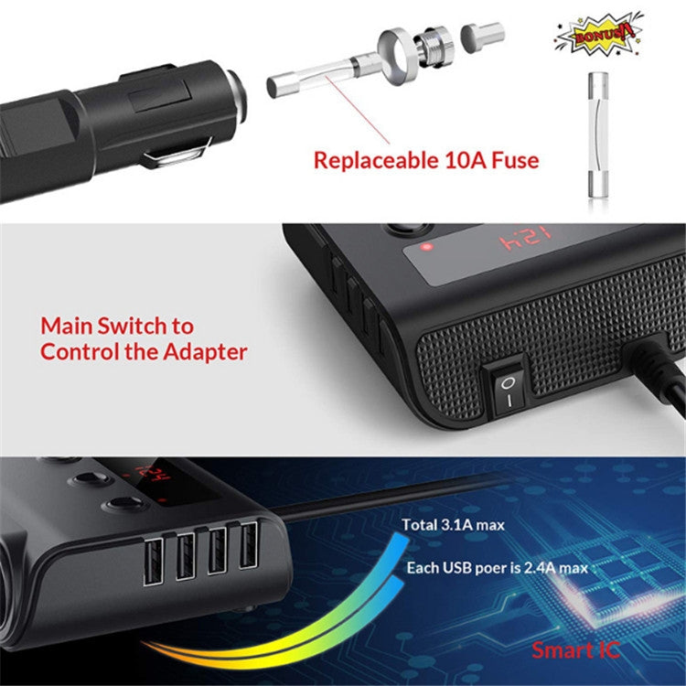 100W Car Cigarette Lighter with 4 USB Ports and Voltage