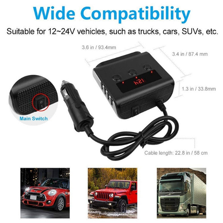 100W Car Cigarette Lighter with 4 USB Ports and Voltage