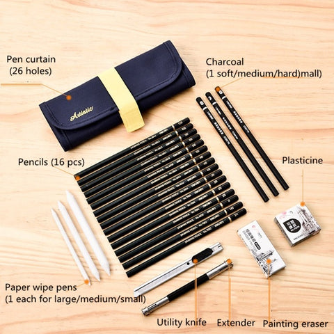 27 in 1 set di matite per schizzi Strumenti di pittura Forniture artistiche per studenti, 27 In 1