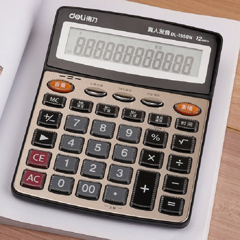 Deli 1559N Calcolatrice vocale dal vivo Calcolatrice finanziaria multifunzionale per ufficio a 12 bit, 1559N