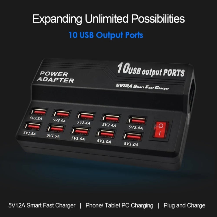 Smart Fast Charge USB Charger with 10 Ports - US Plug