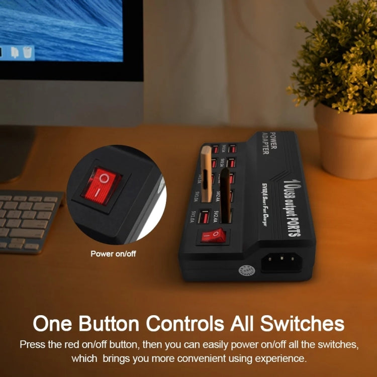 Smart Fast Charge USB Charger with 10 Ports - US Plug