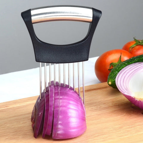 2 pezzi en acciaio inox, forchetta per cipolla, supporto per affettare verdure da cucina, Black Silver