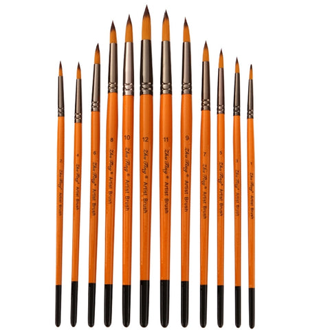 ZHU TING 12 PCS / Set Corto palo di legno in nylon per capelli Pennello per linea di ganci per acquerelli Pennello per pennellate per pittura a olio per unghie, Watercolor Hook Line Brush