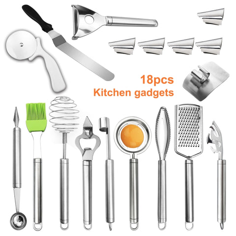 Set di gadget da cucina 18 in 1 Frusta in acciaio inossidabile Frusta per olio siliconico Tagliapizza, 18 in 1 Cutter