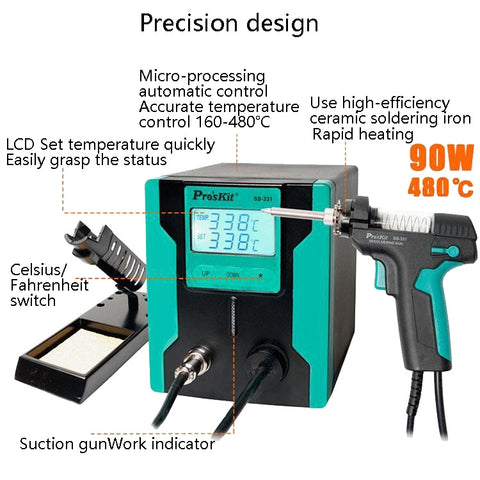 ProsKit SS-331H Dispositivo di aspirazione della latta di calore elettrico Dispositivo di dissaldatura della pompa di aspirazione completamente automatico, spina americana