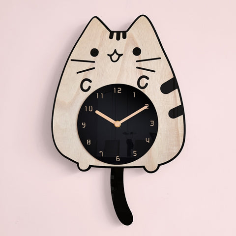 Orologi da cartone animato in legno Decorazione per la casa Soggiorno Gatto scodinzolante Orologio da parete oscillante, Cat Wagging Tail Wooden Clock