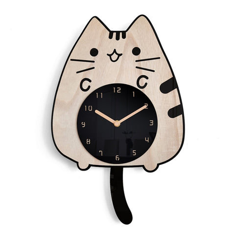 Orologi da cartone animato in legno Decorazione per la casa Soggiorno Gatto scodinzolante Orologio da parete oscillante, Cat Wagging Tail Wooden Clock