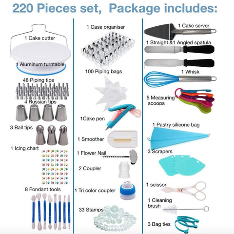 220 en 1 giradischi par torte set di ugelli per decorare instruments da forno set di stampi per fondente, 220 PCS/Set