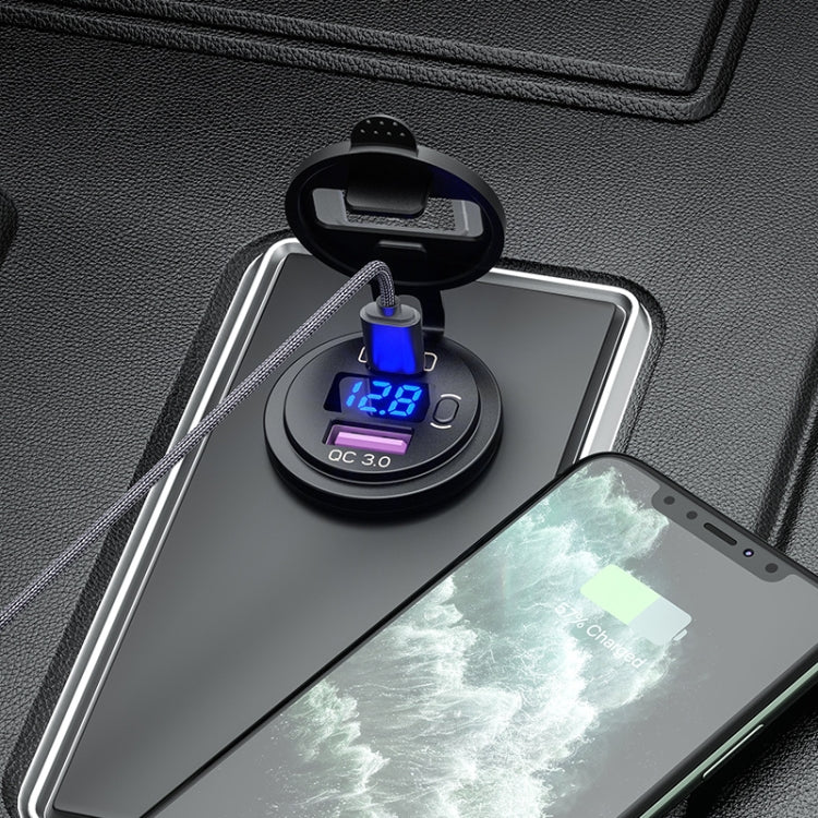 12V Modified Car USB Charger With Voltage Display PD QC3.0 Socket, With Terminal Blue Light, With Terminal Red Light, With Terminal Green Light         ...