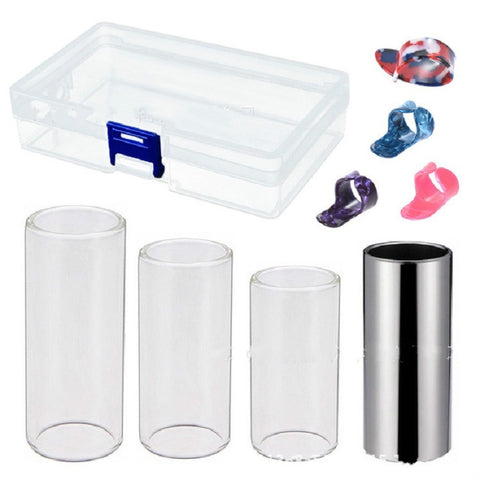 M02219 Barra di scorrimento in plexiglass 4 in 1 + barra di scorrimento in acciaio inossidabile + plettro per chitarra in celluloide + set di scatole di plastica, Plexiglass Slid Bar