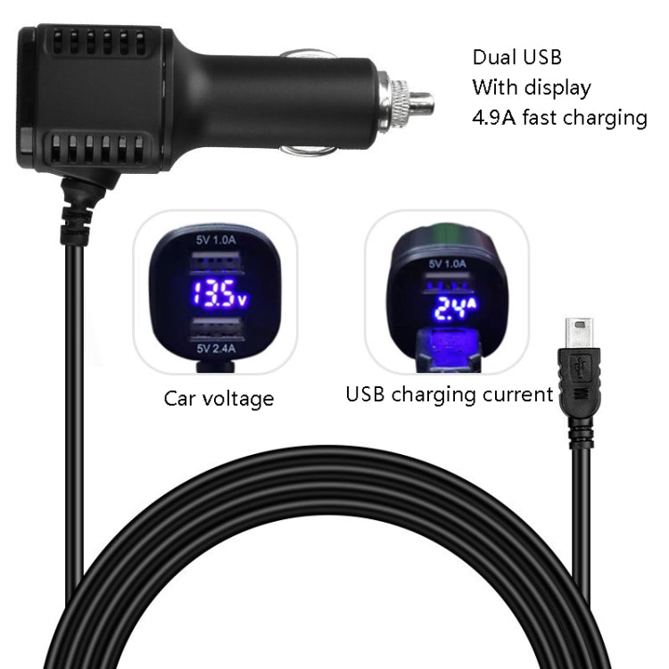 H519 Car Charger Driving Recorder Power Cord Dual USB With Display Charging Line, Specification:, Mini Straight, Mini Right Elbow, Mini Left Elbow      ...
