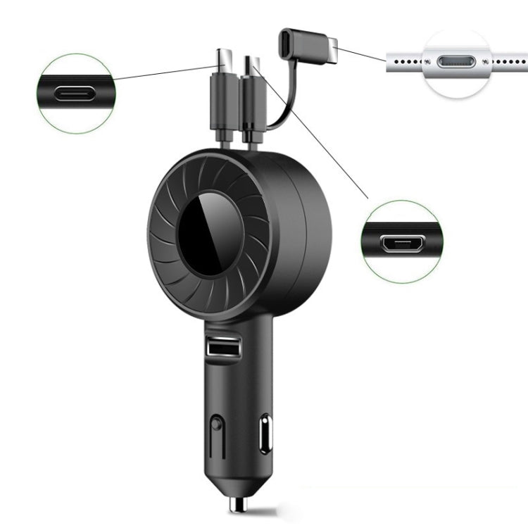 Retractable 3-in-1 USB Dual Cable Car Charger - Red & Black