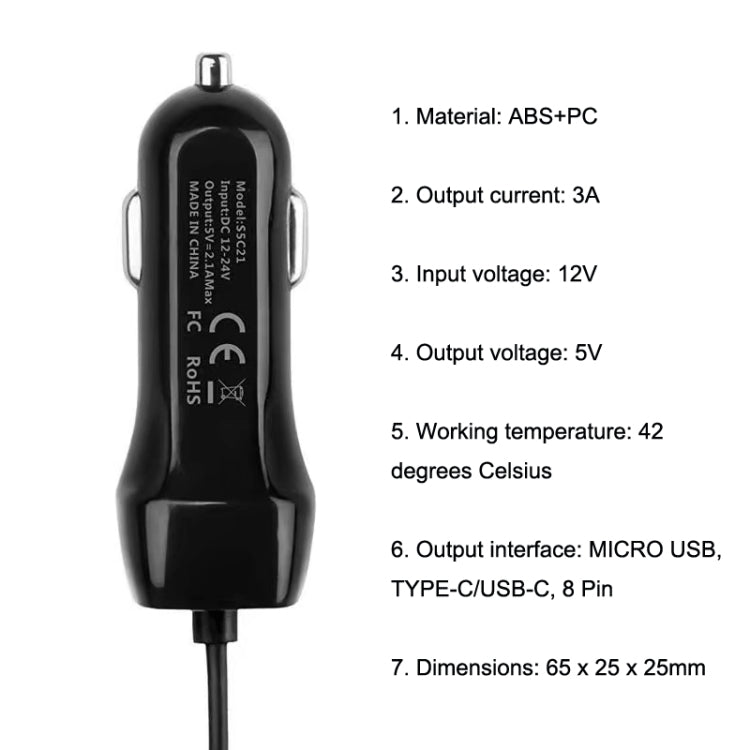 522AL Fast Charging With Cable Car Charging, Output Interface:, 8 Pin (Black), 8 Pin (White), Type-C/USB-C (Black), Type-C/USB-C (White), Micro USB (Bla...