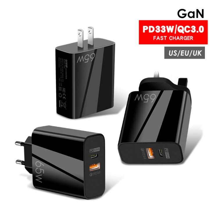 A502 65W USB-C/Type-C+USB Dual Port GaN Charger QC3.0 Laptop Universal Charger, EU Plug Black, EU Plug White, US Plug Black, US Plug White, UK Plug Blac...