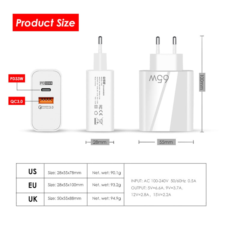 A502 65W USB-C/Type-C+USB Dual Port GaN Charger QC3.0 Laptop Universal Charger, EU Plug Black, EU Plug White, US Plug Black, US Plug White, UK Plug Blac...