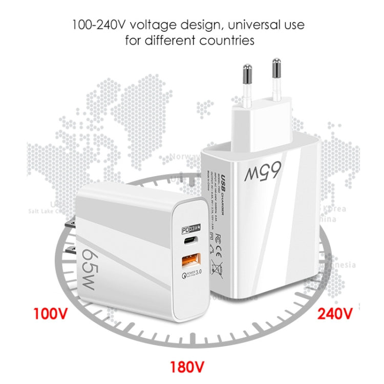 A502 65W USB-C/Type-C+USB Dual Port GaN Charger QC3.0 Laptop Universal Charger, EU Plug Black, EU Plug White, US Plug Black, US Plug White, UK Plug Blac...