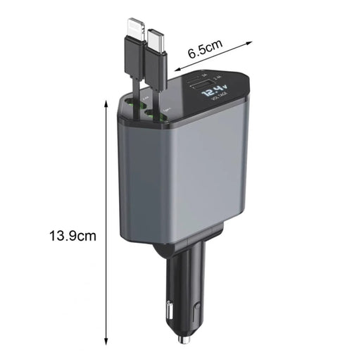 120W 4-In-1 Retractable Fast Car Charger with Digital