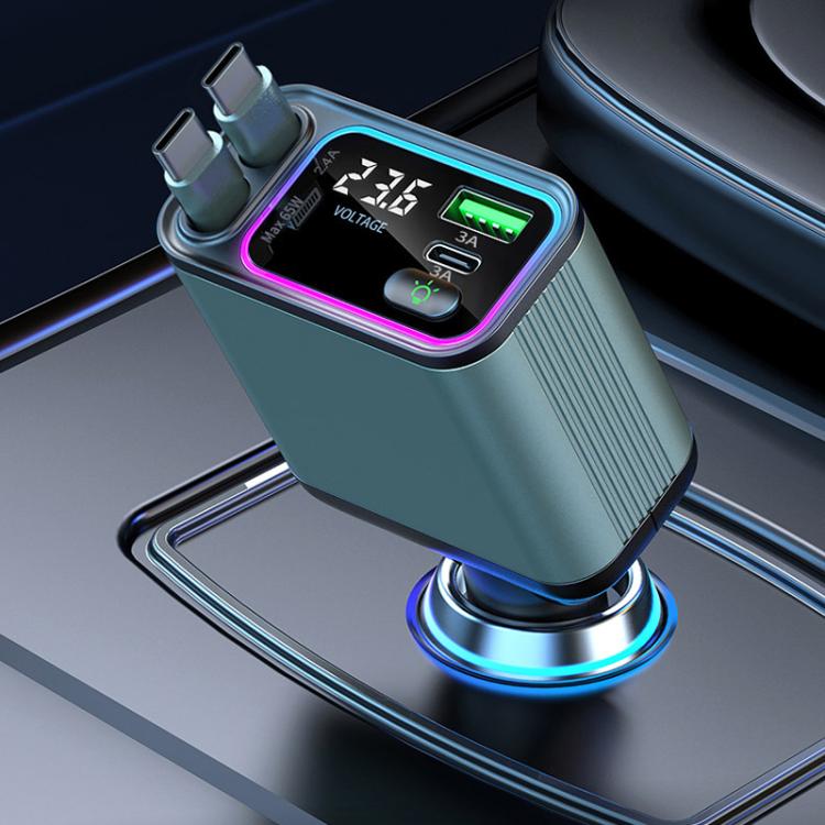 Dual Retractable Cable Auto Stowage Running Ambient Light Voltage Display Car Charger, Type-C+Type-C, Type-C+8 Pin