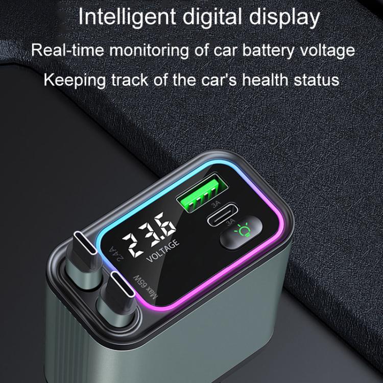 Dual Retractable Cable Auto Stowage Running Ambient Light Voltage Display Car Charger, Type-C+Type-C, Type-C+8 Pin