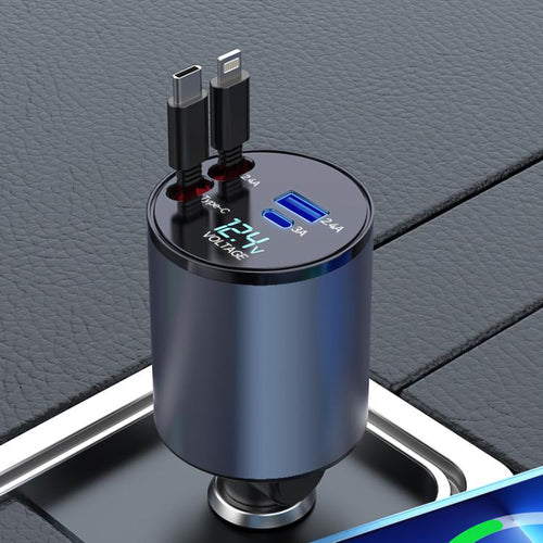 100W Retractable Car Charger with 8 Pin and Type-C Ports