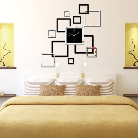 Orologio da parete per soggiorno Orologio creativo Adesivi murali a specchio in acrilico fai-da-te Decorativo Orologio fai-da-te quadrato in argento nero, Acrylic DIY Mirror Wall Clock