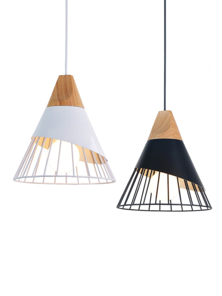 Modern E27 Pendant Light Fixture in Solid Wood and Iron