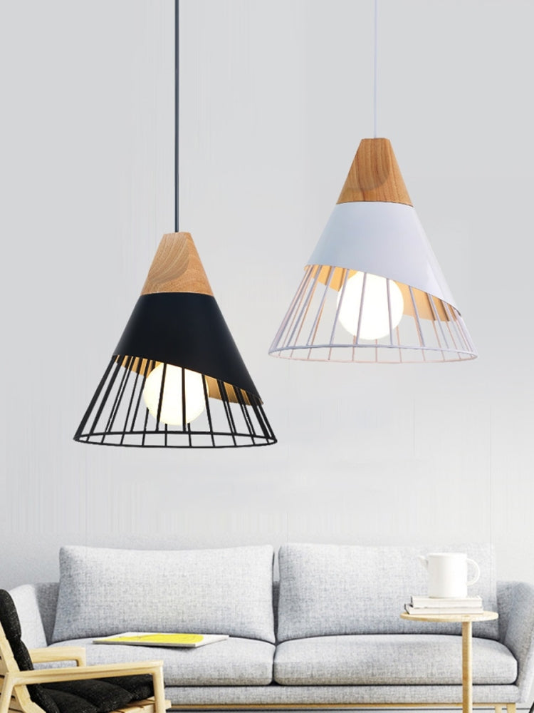 Modern E27 Pendant Light Fixture in Solid Wood and Iron