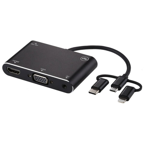 Convertitore adattatore per lettore schermo HD 3 in 1 8 pin + micro USB + da tipo C a AV + HDMI + VGA 15 pin con audio - Novalix Store